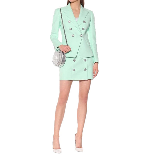 Smoke Blazer Pack Women Golden Double-Breasted Button Gesp Mint Green Cats Blower Smoke Two Pieces Sets Women Blower Pack