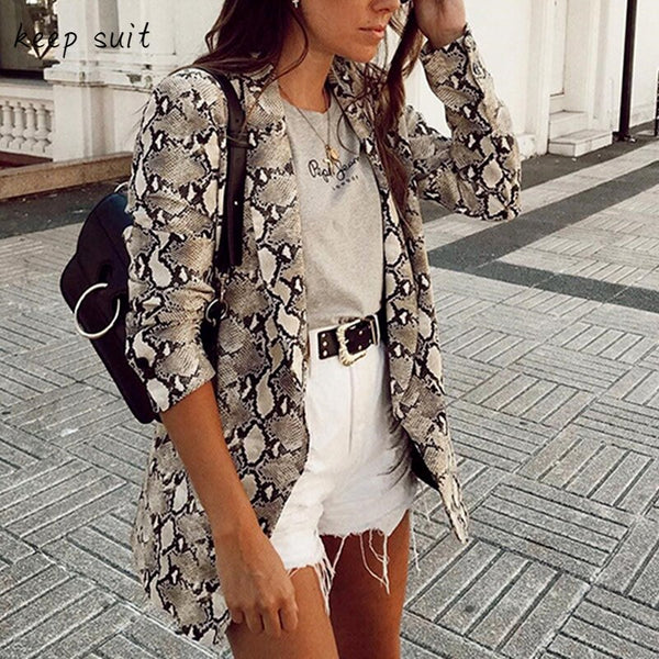 Snake Print Blazer Female Buttonless Suit 2023 Office Lady Retro Casual Long-sleeved Jacket Commuter Temperament Blazer
