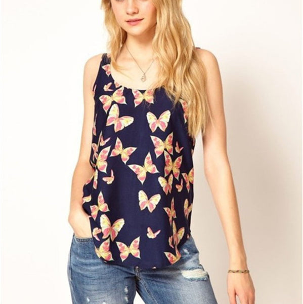Fashion Women Summer Blouse Casual Top Butterfly Print O Neck Sleeveless Chiffon Blouse Sexy Shirts