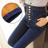 Women's winter warm fleece or unlined high waist jeans Plus large size lace-up buttons skinny elastic denim pencil pants