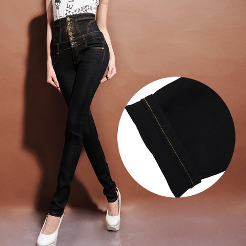 Women's winter warm fleece or unlined high waist jeans Plus large size lace-up buttons skinny elastic denim pencil pants