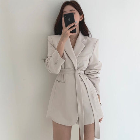 Solid Color Blazer Womens Sash Tie Up Elegant Female Jacket Korean Style Trend Coat Autumn Vintage Casual Outerwear Ladies