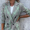 Solid Color Flap Pockets Winter Blazer Lapel Plaid Print Double Breasted Suit Jacket Female Office Mid-Length Coat Outerwear