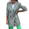 Solid Color Flap Pockets Winter Blazer Lapel Plaid Print Double Breasted Suit Jacket Female Office Mid-Length Coat Outerwear