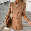 Solid Color Flap Pockets Winter Blazer Lapel Plaid Print Double Breasted Suit Jacket Female Office Mid-Length Coat Outerwear