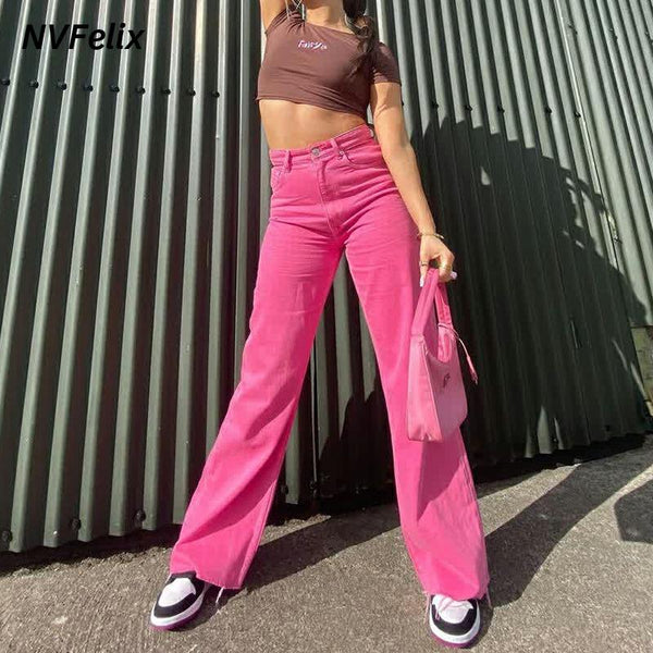 Solid Color Full Length Wide Leg Jeans Straight Loose Denim Pants High Waist Five Pocket Jeans Streetwear Femme Trousers