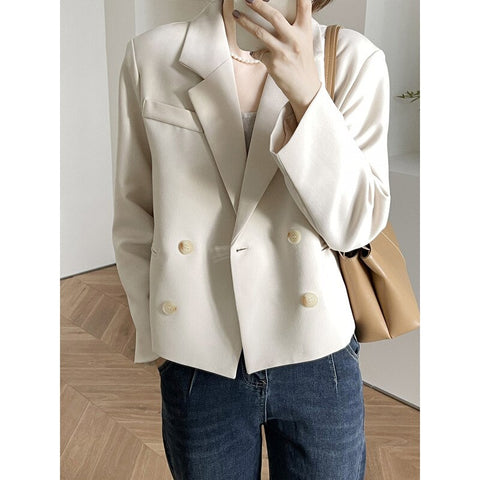Solid Color Suit Retro Style Autumn Women's Two Buttons Short Design Casual Blazer