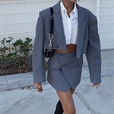 Solid Colors Short Blazer Suit Y2k Sweet Skirt Suits Fake Pocket Summer Two Piece Set Cropped Blazer Mini Skirts Women