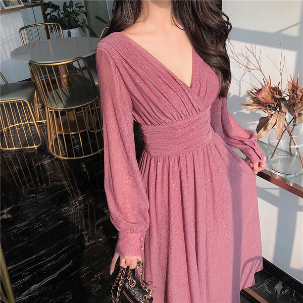 Solid Elegant Dress Women Autumn Sequin Party Midi Dress Female Casual Chiffon Slim Korean Dress 2023 Autumn Women's Clothing