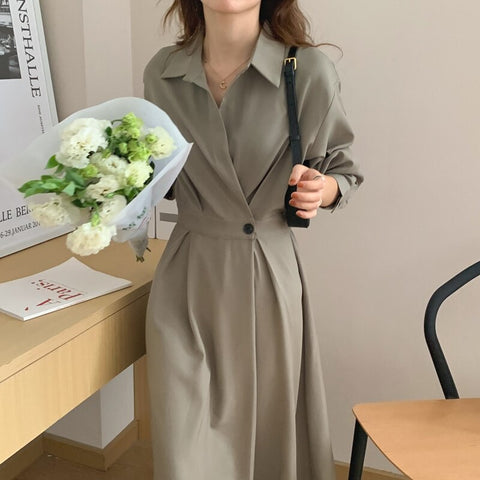 Solid Elegant Dresses Women Spring Autumn Polo Midi Split Dress Office Lady Designer Casual Korean Style Dress Female 2022