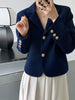Solid Gold Button Detailed Lapel Button Up Crop Blazer Blue / Khaki Spring Women Short Jacket