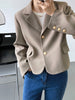 Solid Gold Button Detailed Lapel Button Up Crop Blazer Blue / Khaki Spring Women Short Jacket