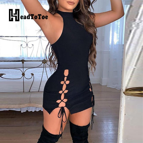 Solid Hollow Out Lace-Up Sleeveless Bodycon Dress Women Sleeveless Bandage Dress Sheath Mini Party Dress