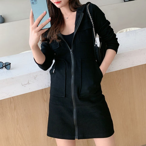 Solid Hoodie Dress Women Zip Up Hooded long Sleeve Irregular Sweatshirts Dresses Loose Pockets Autumn Warm Sports Dress Vestidos
