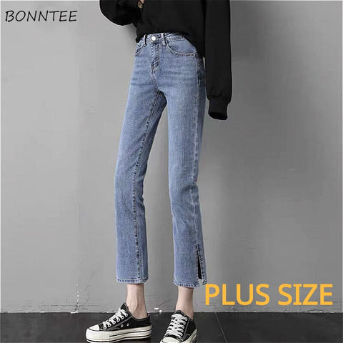 Solid Jeans Women Straight Slim Denim Plus Size Korean Style Side Slit Ankle-length College Trendy All-match Female Bottom Chic