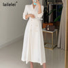 Solid Notched Maxi Dress a Line Botton Vestidos White Elegant Black Midi Office Korean Fall 2022 Robe Femme Winter Ropa De Mujer