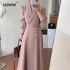 Solid Notched Maxi Dress a Line Botton Vestidos White Elegant Black Midi Office Korean Fall 2022 Robe Femme Winter Ropa De Mujer
