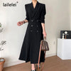 Solid Notched Maxi Dress a Line Botton Vestidos White Elegant Black Midi Office Korean Fall 2022 Robe Femme Winter Ropa De Mujer