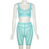 Solid Sexy Mesh Striped Skinny Fitness Tracksuit 2 Piece Set Women See Through Sleeveless Tank Top+Biker Shorts Matching Outfits