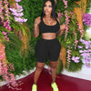 Solid Sexy Mesh Striped Skinny Fitness Tracksuit 2 Piece Set Women See Through Sleeveless Tank Top+Biker Shorts Matching Outfits