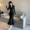 Solid Sexy Midi Dress Women Office Lady V-neck Design Elegant Dress Casual Evening Party One Piece Dress Korean 2023 Autumn Chic