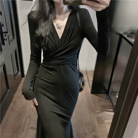 Solid Sexy Midi Dress Women Office Lady V-neck Design Elegant Dress Casual Evening Party One Piece Dress Korean 2023 Autumn Chic