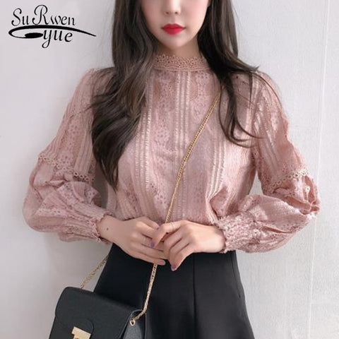 Solid Stand Women Tops Pink Clothes Blusas Mujer De Moda 2023 Vintage Ladies Tops Long Sleeve Lace Blouse Shirts 6899 50