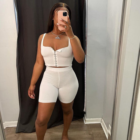 Solid Two Piece Set Hook Button Tank Top Biker Shorts Tracksuit Loungewear Women Summer Outfits Workout Matching Sets