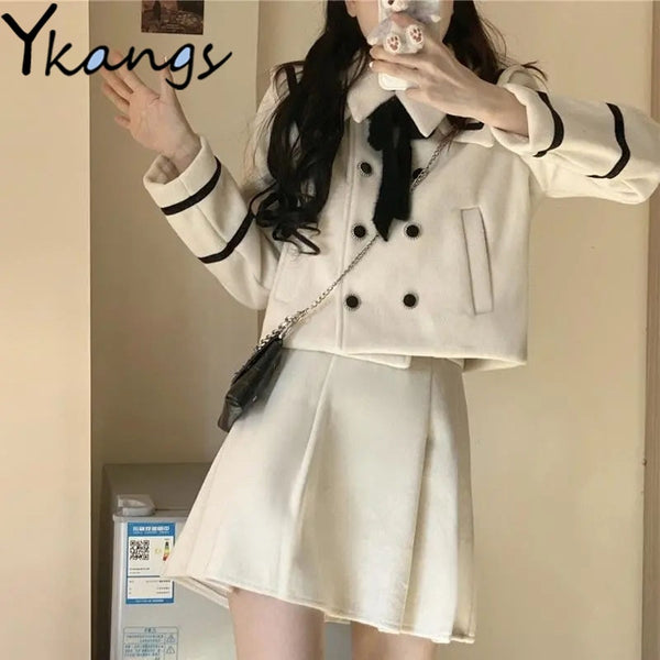 Solid Winter Warm Woolen Elegant Skirts Suit Women College Lapel Double Breasted Coat Pleated Casual A-line Korean Skirts Female