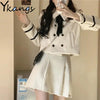 Solid Winter Warm Woolen Elegant Skirts Suit Women College Lapel Double Breasted Coat Pleated Casual A-line Korean Skirts Female
