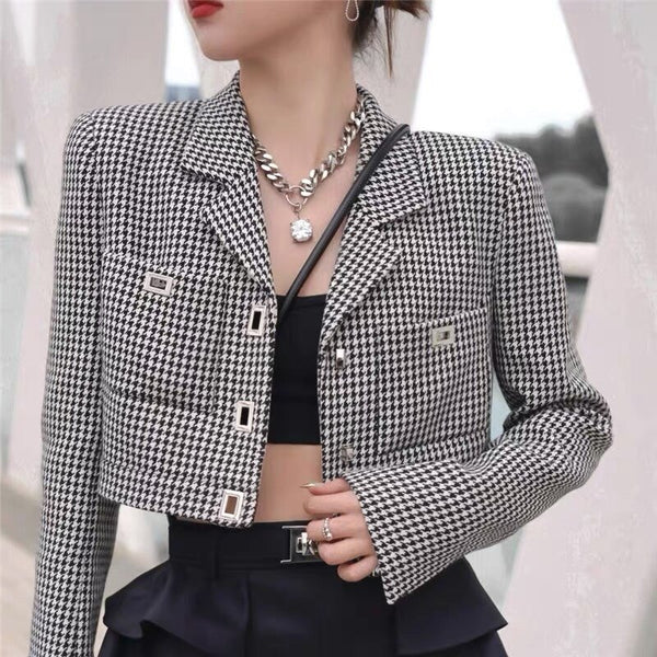Song Style Suit Short Jacket Women's Buckle Plaid Suit