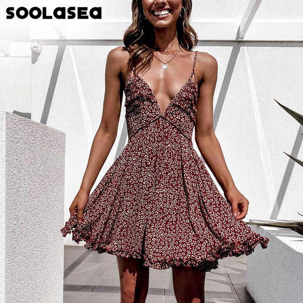 Soolasea 2023 Floral Print Women Sleeveless High Waist Summer Ruffles Ladies V-neck Boho Beach Wear A-line Mini Dress Vestidos