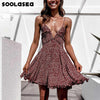 Soolasea 2023 Floral Print Women Sleeveless High Waist Summer Ruffles Ladies V-neck Boho Beach Wear A-line Mini Dress Vestidos