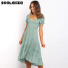 Soolasea Women Dress 2023 Summer Boho Floral Print V-Neck Midi Dress Lantern Sleeve Vacation Beach Dresses Ladies Vestidos
