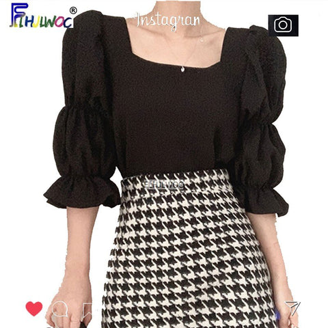 South Korea chic top French gentle women cute sweet Lantern sleeve short design shirt blouse flhjlwoc vintage Vestido