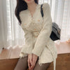 South Tweed Long Sleeve Coat Korea Spring Fringe V-neck Cardigan, Bandage, Waist Closingshesam-B Nuyoah