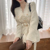 South Tweed Long Sleeve Coat Korea Spring Fringe V-neck Cardigan, Bandage, Waist Closingshesam-B Nuyoah