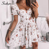 Southpire Bohe Flower Print White Dress Women 's Short Puff Sleeve Zipper Mini Sundress Elegant Summer Dress Ladies Clothing