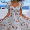 Southpire Bohe Flower Print White Dress Women 's Short Puff Sleeve Zipper Mini Sundress Elegant Summer Dress Ladies Clothing