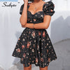 Southpire Bohe Flower Print White Dress Women 's Short Puff Sleeve Zipper Mini Sundress Elegant Summer Dress Ladies Clothing