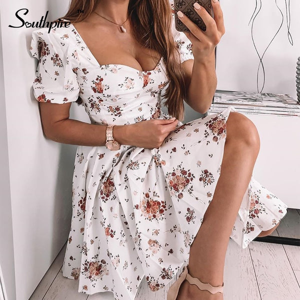 Southpire Bohe Flower Print White Dress Women 's Short Puff Sleeve Zipper Mini Sundress Elegant Summer Dress Ladies Clothing