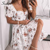 Southpire Bohe Flower Print White Dress Women 's Short Puff Sleeve Zipper Mini Sundress Elegant Summer Dress Ladies Clothing