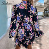 Southpire Navy Floral Print Loose Style Mini Dress Women Long Sleeve High Neck Party Dress Ladies Day Casual Clothes Spring 2023