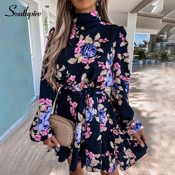Southpire Navy Floral Print Loose Style Mini Dress Women Long Sleeve High Neck Party Dress Ladies Day Casual Clothes Spring 2023