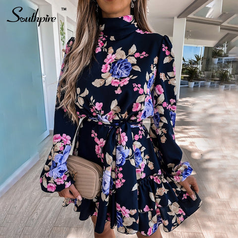 Southpire Navy Floral Print Loose Style Mini Dress Women Long Sleeve High Neck Party Dress Ladies Day Casual Clothes Spring 2023