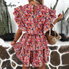Southpire Red Floral Print Boho Dress Women A-Line Short Sleeve Ruffle Mini Dress 2023 Elegant Day Party Beach Sundress Ladies