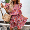 Southpire Red Floral Print Boho Dress Women A-Line Short Sleeve Ruffle Mini Dress 2023 Elegant Day Party Beach Sundress Ladies