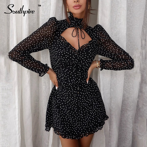 Southpire Sexy Lace Up V-Neck Day Mini Dress Women's Black Polka Dot Chiffon Party Dress Elegant Spring Summer Female Clothing