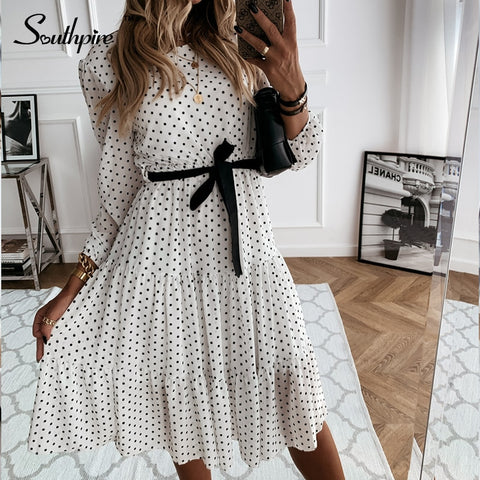 Southpire Simple O-neck White Polka Dot Long Dress Women's Long Sleeve Chiffon Casual Party Dress Spring Summer Clothes