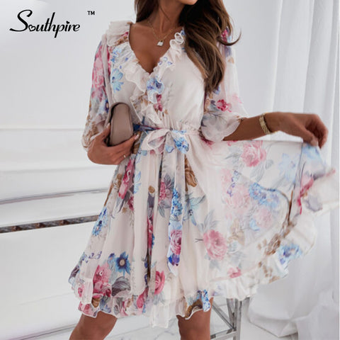 Southpire Women's Floral Print Half Sleeve Sexy Mini Party Dress Backless Ruffle Spring Summer Dress 2023 Casual Female Clothing